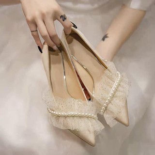 Giày lụa viền ren đính hạt tiểu thư mũi nhọn- ORD