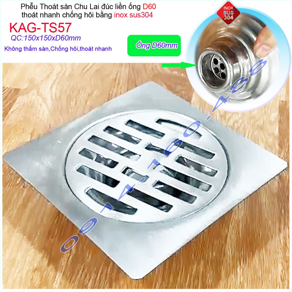 Phễu thoát sàn Chu Lai 15x15cm KAG-TS57-D60, Thoát sàn chống hôi ống 6cm SUS304 inox đúc dày thoát nhanh chặn tóc tốt