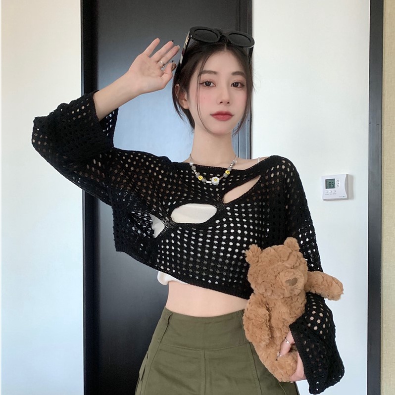 Áo croptop nữ Leeva Shop vải len đan xẻ cách điệu A386