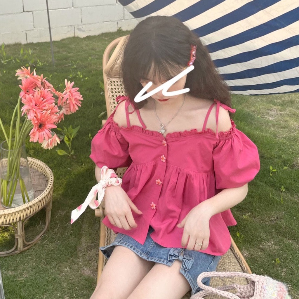 Áo kiểu trễ vai tay phồng thời trang mùa hè phong cách Nhật Bản thuần khiết dễ thương cho nữ