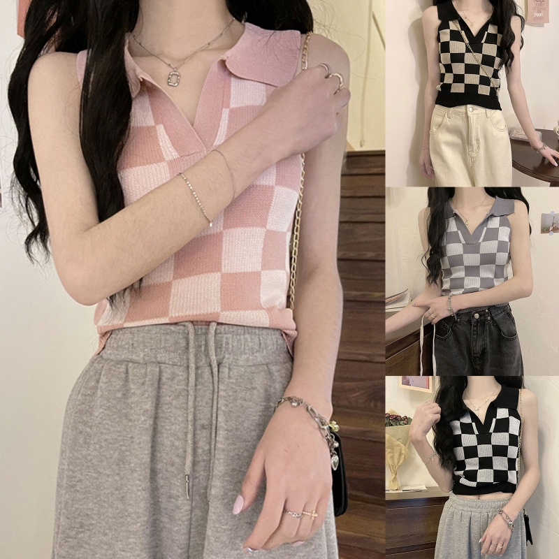 Áo Croptop Dệt Kim Không Tay Cổ Chữ V Họa Tiết Ca Rô Vintage Cho Nữ