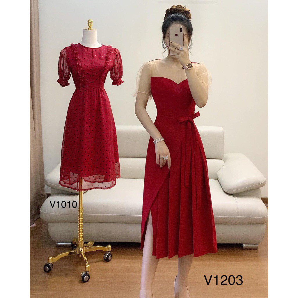 [ xả kho ] MiD Đầm đỏ cách điệu cánh tiên, thắt nơ eo V1203 kèm ảnh thật