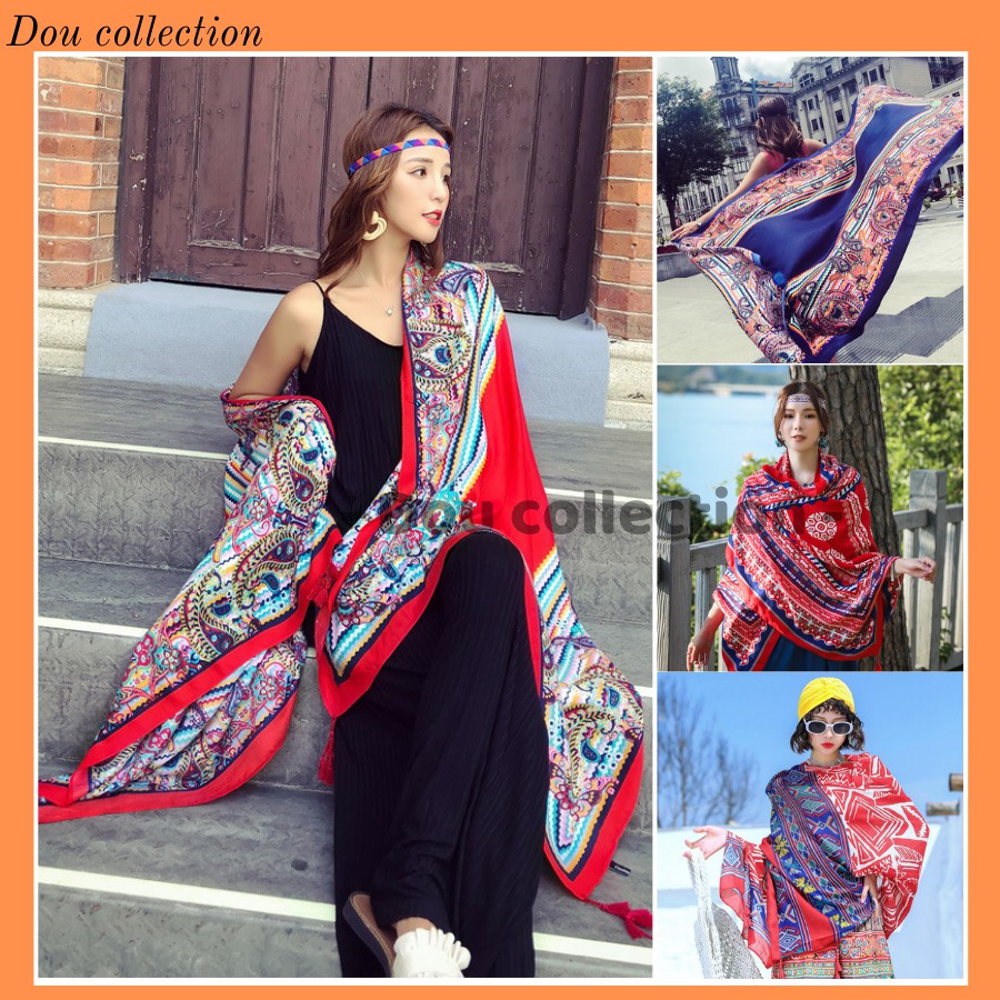 [Nowship2h] Khăn Choàng Quàng Cổ Boho Họa Tiết Vintage Thổ Cẩm - Chất Liệu Cotton  - Size:90x180cm - Mã KC019