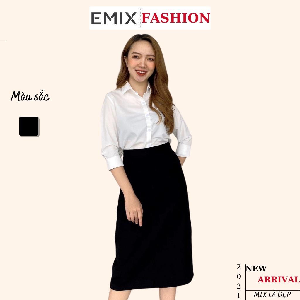Set áo sơ mi trắng dài tay mix chân váy công sở EMIX (áo trắng, váy đen), dáng dài, form rông, midi, vải lụa thô, umi