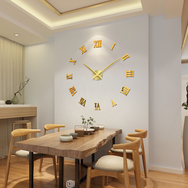 Đồng Hồ Dán Tường DIY Thiết Kế Chữ Số La Mã 3D Mặt Gương Acrylic DIY