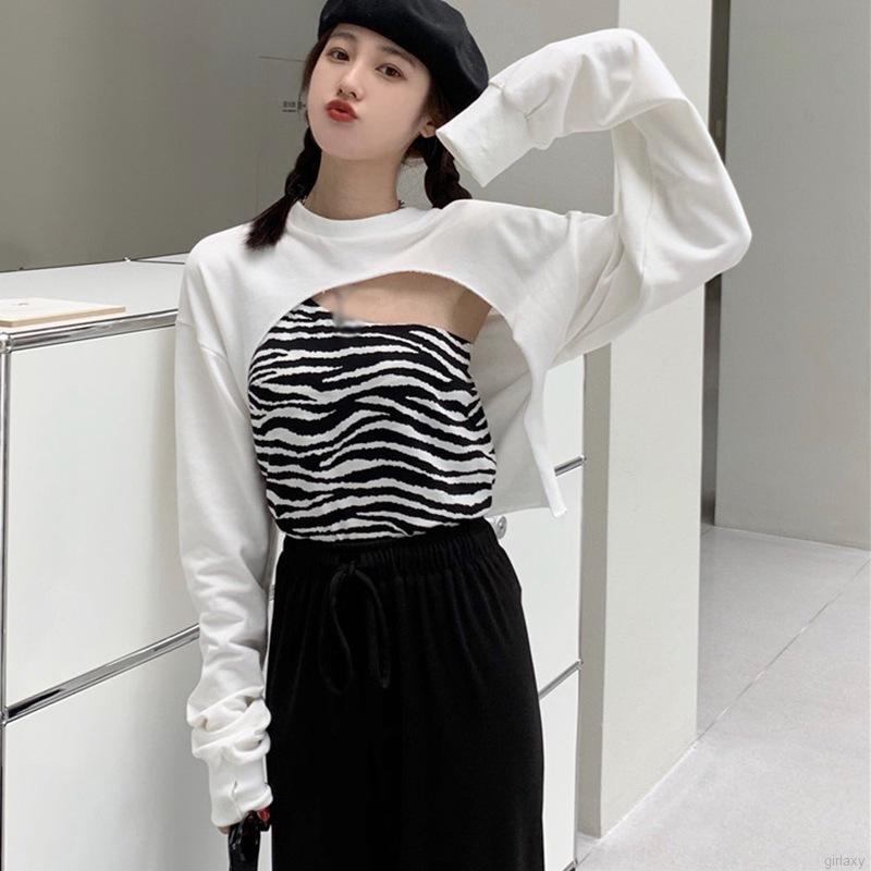 Set áo ngắn họa tiết sọc ngựa vằn kèm áo khoác ngoài tay dài thời trang nữ