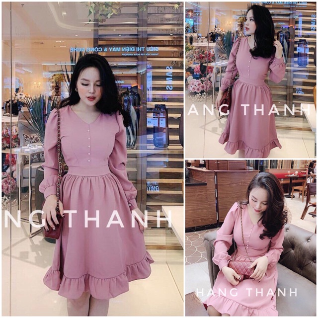 Bán sỉ Đầm xoè cổ V đính cúc tone màu hồng nữ tính