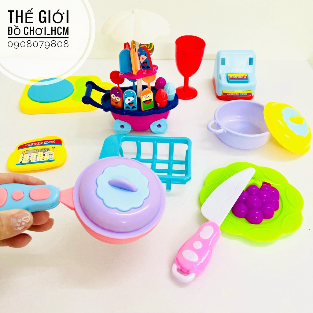 [TRỢ GIÁ-NHIỀU CHI TIẾT] Túi đồ chơi nhà bếp nấu ăn gồm XE KEM, chảo, nồi, kèm phụ kiện rau quả y hình dành cho bé