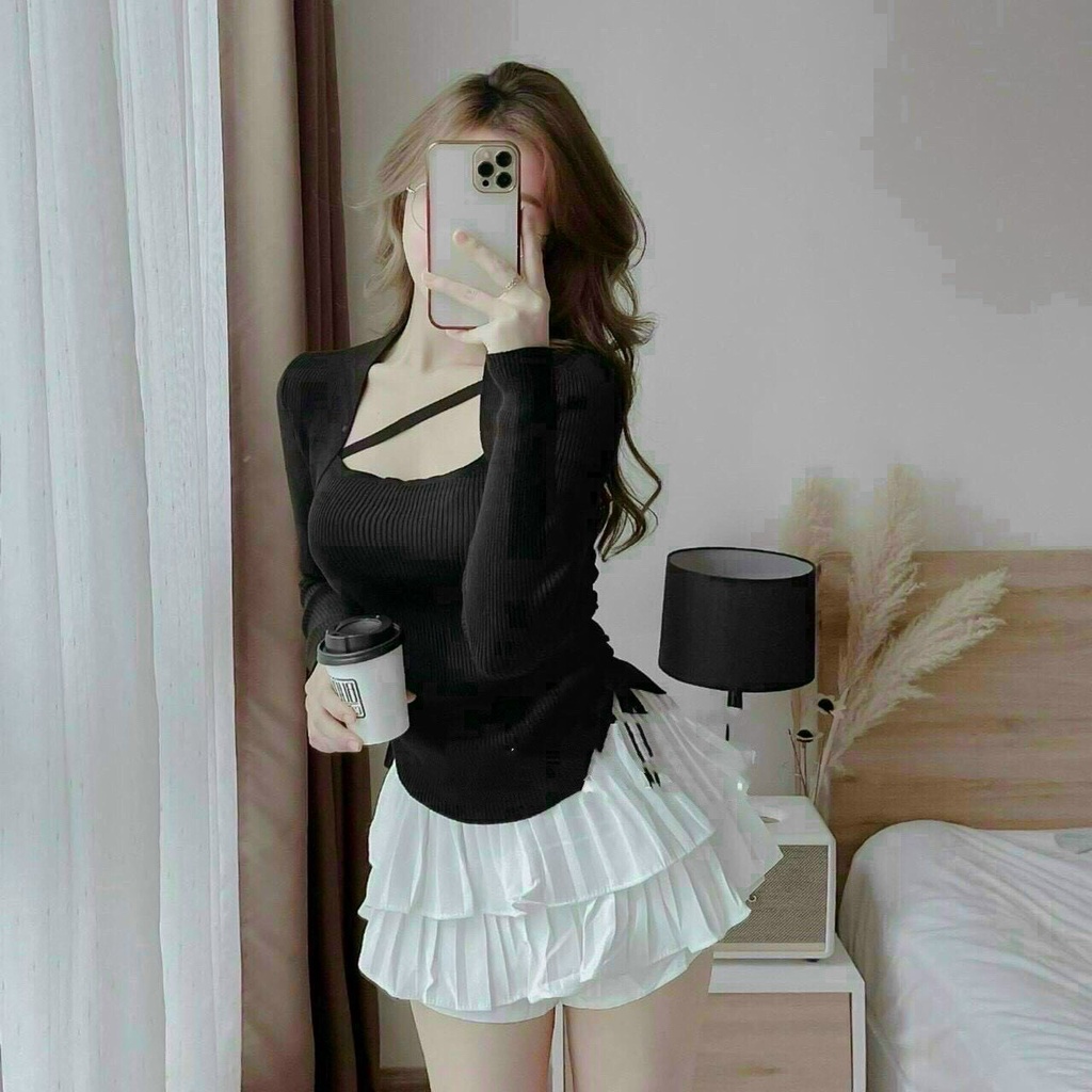 áo kiểu tay dài dây chéo rút dây 2 bên xinh chất thun gân mềm