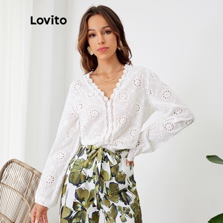 Lovito áo sơ mi cổ chữ v thêu boho l24ld081