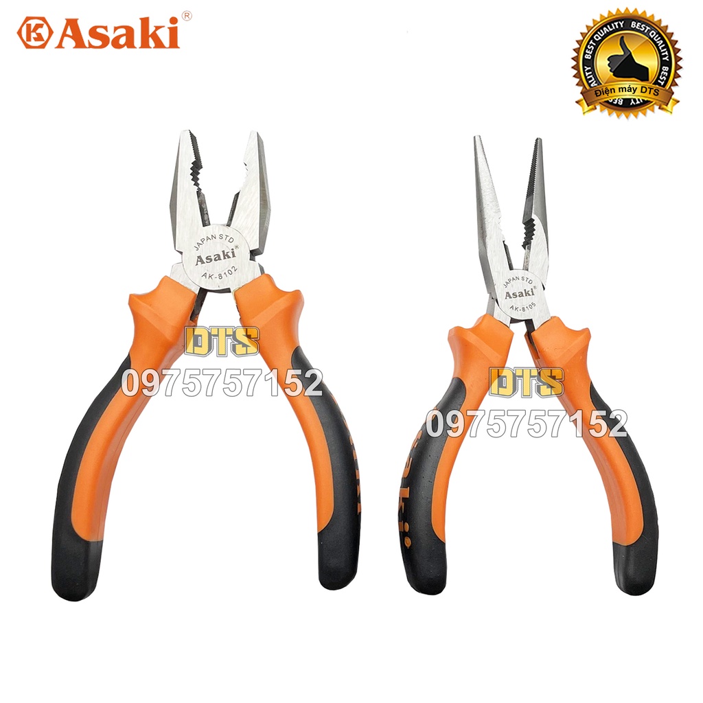 Bộ 2 kìm điện - kìm nhọn 6 inch kiểu Đức Asaki kềm đa năng A+cut Tech thép CR-V siêu cứng bền cắt tuốt dây điện kim loại