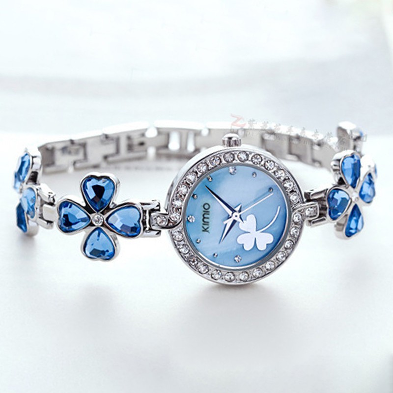 Đồng hồ đính đá màu xanh dương hình cỏ 4 lá đẹp mắt thời trang cho nữ