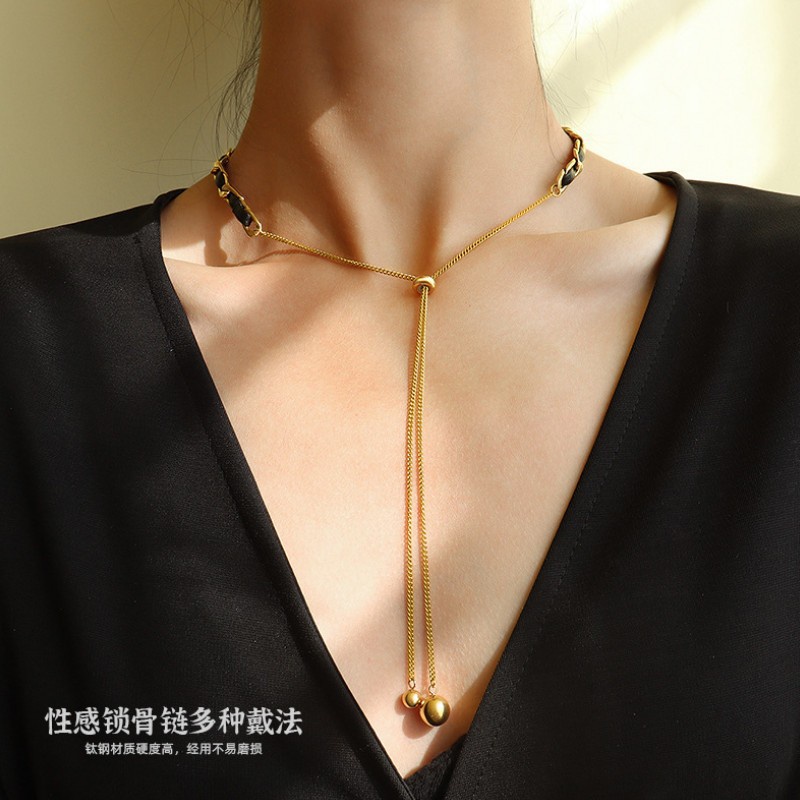 Choker titan xích đan dây da 2 kiểu không gỉ WN2104