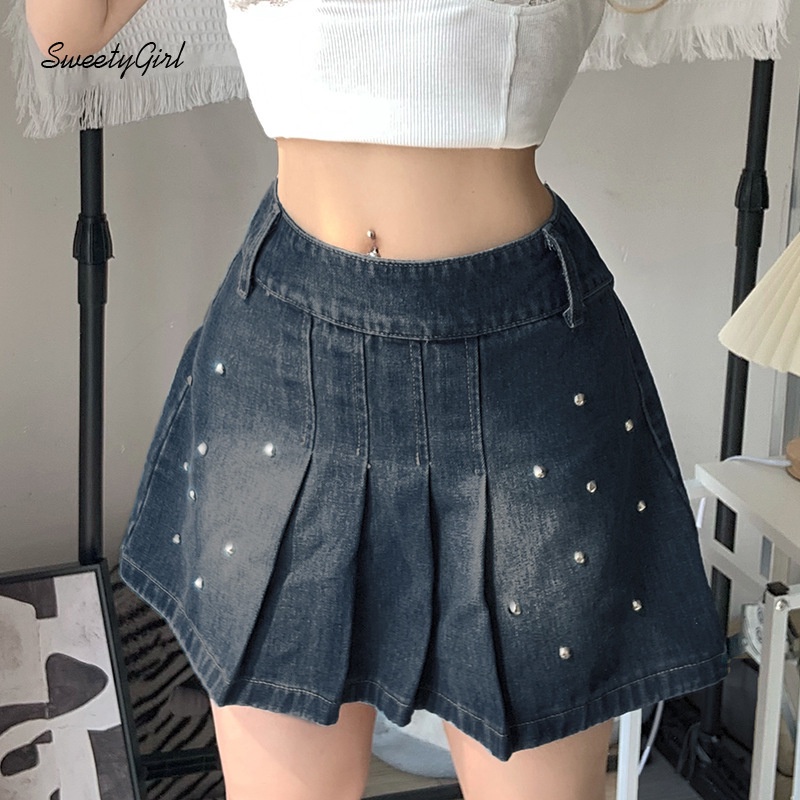 Chân váy jean Lưng Thấp Đính Đinh Tán Phối Khóa Kéo Thời Trang Cho Nữ 2022