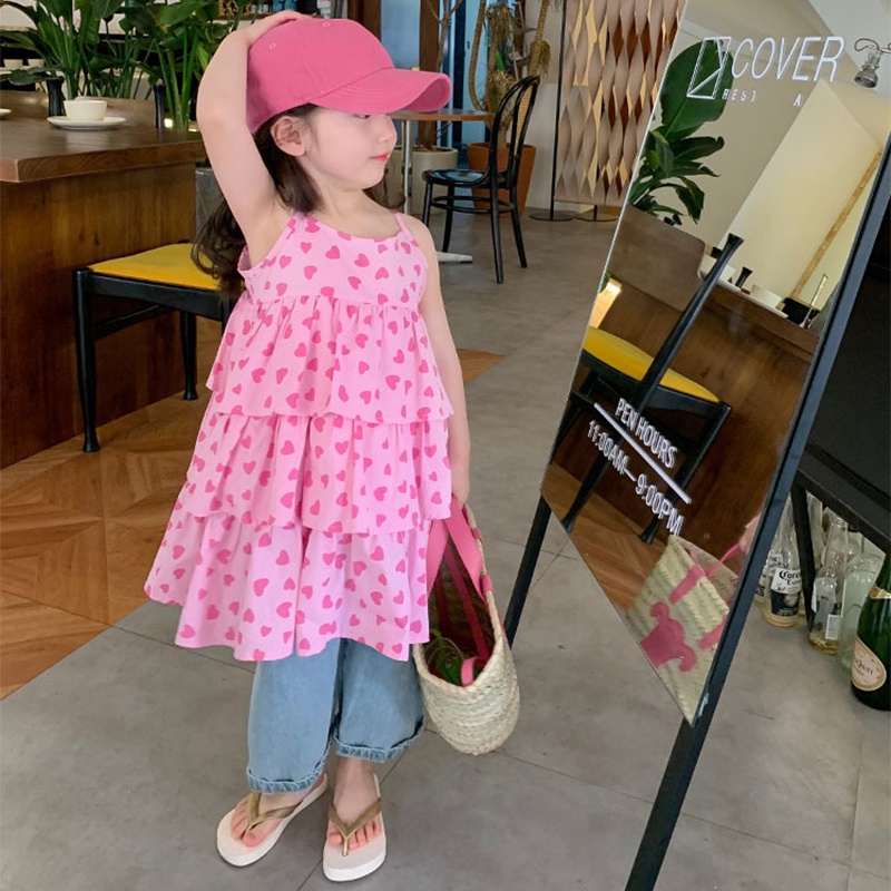 Đầm Công Chúa Nhiều Tầng In Họa Tiết Trái Tim Ngọt Ngào Thời Trang Mùa Hè Cho Bé Gái