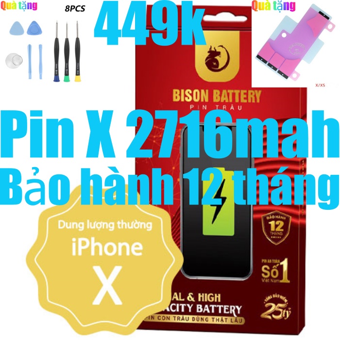 Pin iPhones X Con Trâu BISON 2716mAh chính hãng