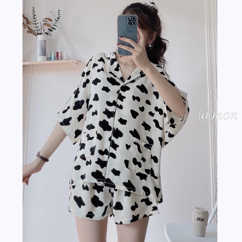 [FREE SIZE] Bộ ngủ Pyjama in hình bò sữa&lt;FREE SIZE&gt; Bộ ngủ nữ siêu xinh,Bộ ngủ hoạt hình(kèm video ảnh thật)