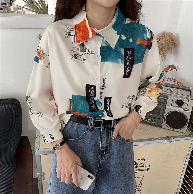 Áo Sơ Mi Tay Dài Form Rộng In Họa Tiết Phong Cách Retro Hàn Quốc