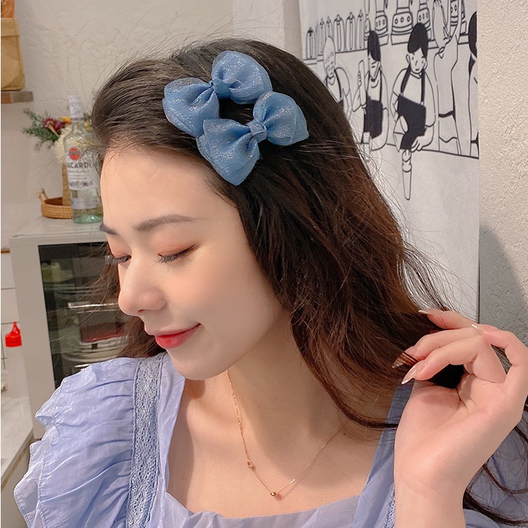 Bộ 2 kẹp tóc hình nơ bằng vải tuyn kiểu dáng dễ thương thời trang Hàn Quốc