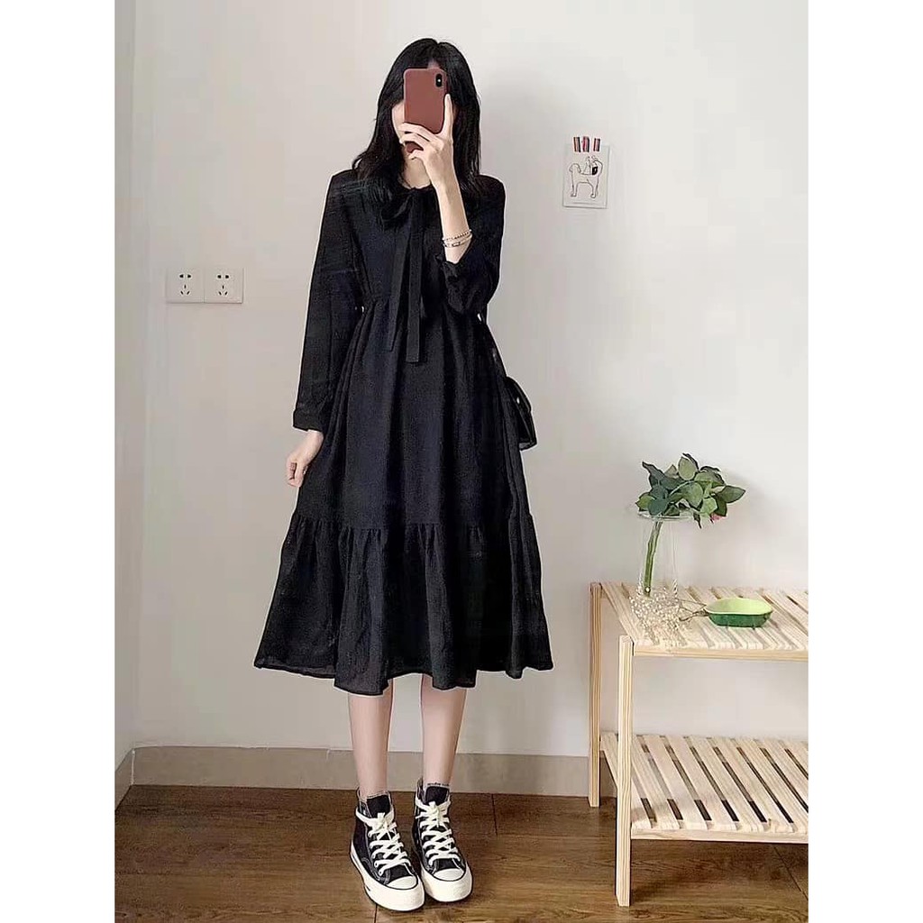 Váy Nơ 3 Tầng Dáng Suông Nữ [FREESHIP] 🌸 Đầm trơn dài tay bánh bèo tiểu thư màu ĐEN | TRẮNG Ulzzang HOT 🌸 | BigBuy360 - bigbuy360.vn