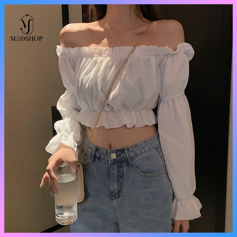 Áo trễ vai croptop tay dài chất dày dặn, Áo hở vai nữ quây ngực kiểu dáng ulzzang Hàn Quốc C57 - MaoMao