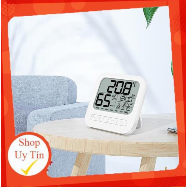 Tặng Kèm Pin - Nhiệt kế điện tử đo nhiệt độ và độ ẩm phòng ngủ cho bé, đồng hồ báo thức cho mẹ