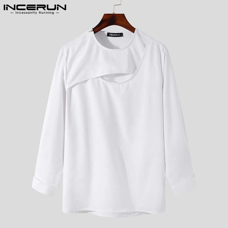 Áo thun tay dài INCERUN cổ tròn mềm mại khoét rỗng phong cách Hàn Quốc giản dị dành cho nam
