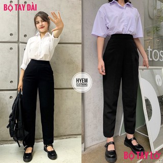 Combo Quần Tây Baggy Lưng Thun Và Áo Sơ Mi Trắng Form Rộng Đi Học Đi Làm Công Sở