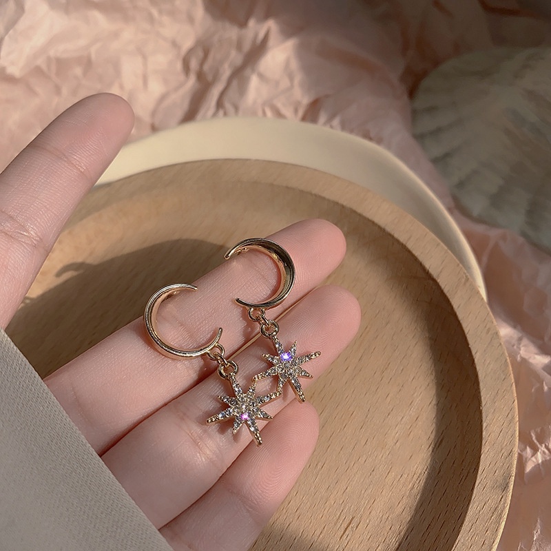 Bông Tai Hình Mặt Trăng Ngôi Sao Đính Đá s925 Phong Cách Pháp Đơn Giản Thời Trang Cho Nữ