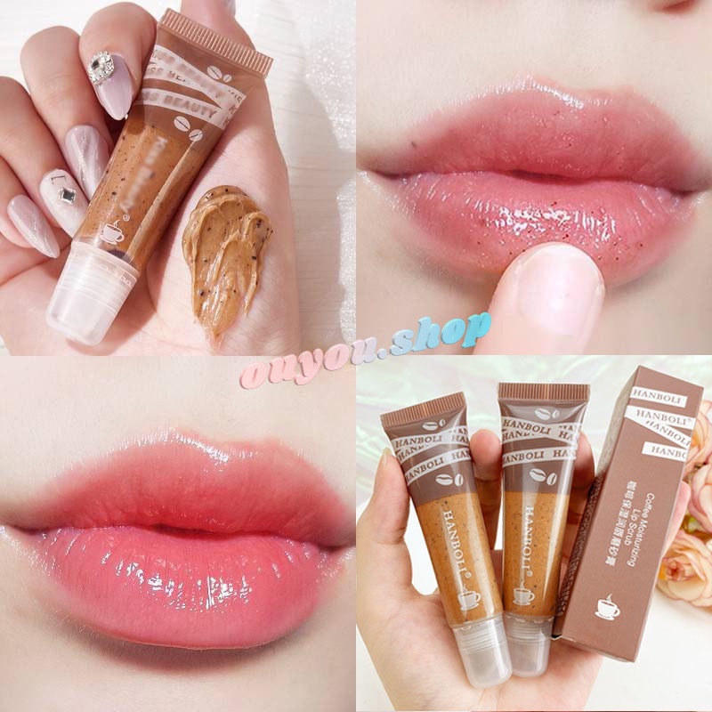 [Hàng mới về] Tẩy tế bào chết môi HANBOLI chiết xuất bơ đào cà phê vitamin E dưỡng ẩm xóa mờ nếp nhăn OUYOU