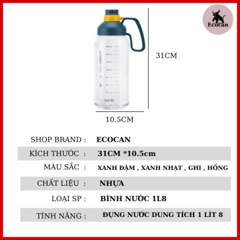 Bình nước 1800 ml có tay cầm Tặng kèm ống hút ❤️RẺ VÔ ĐỊCH❤️ Bình nước 1 lít 8 siêu to khổng lồ