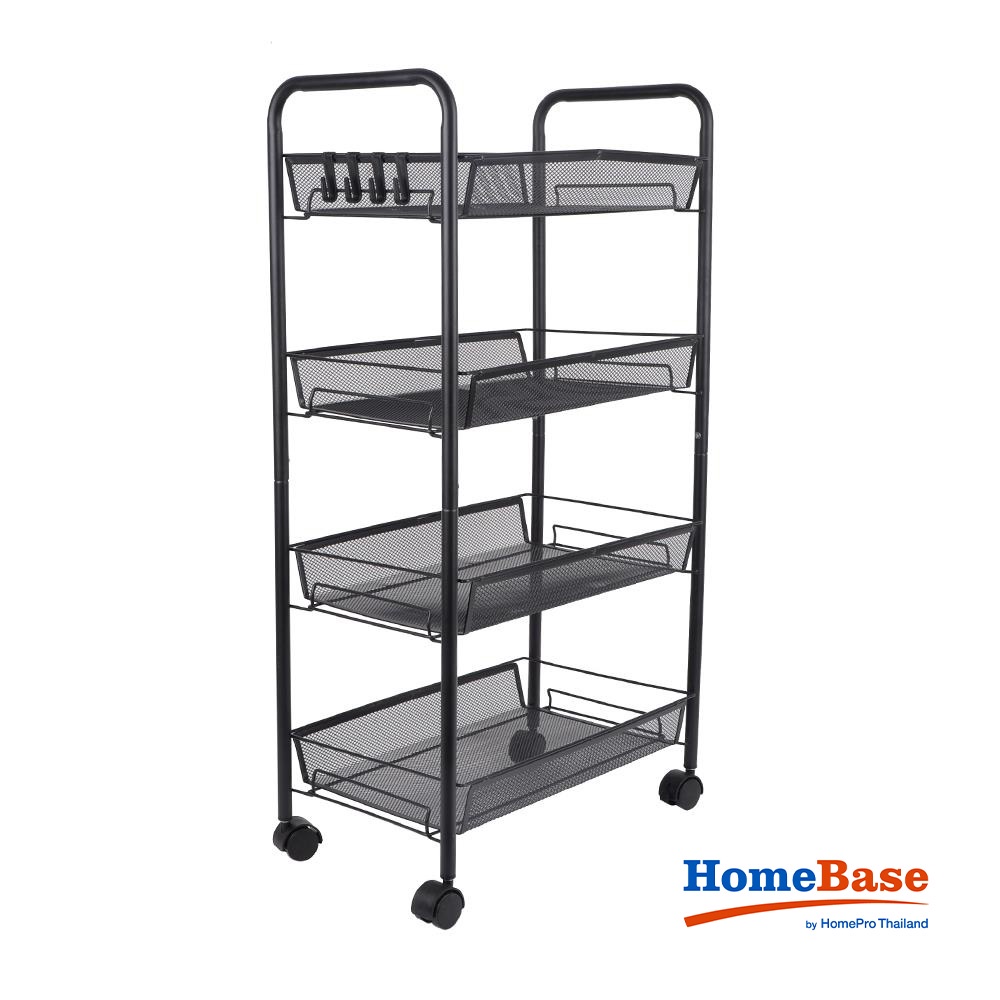 HomeBase STACKO Kệ 4 tầng bằng lưới thép có bánh xe có 4 móc treo IVY W45xH85xD26cm màu đen