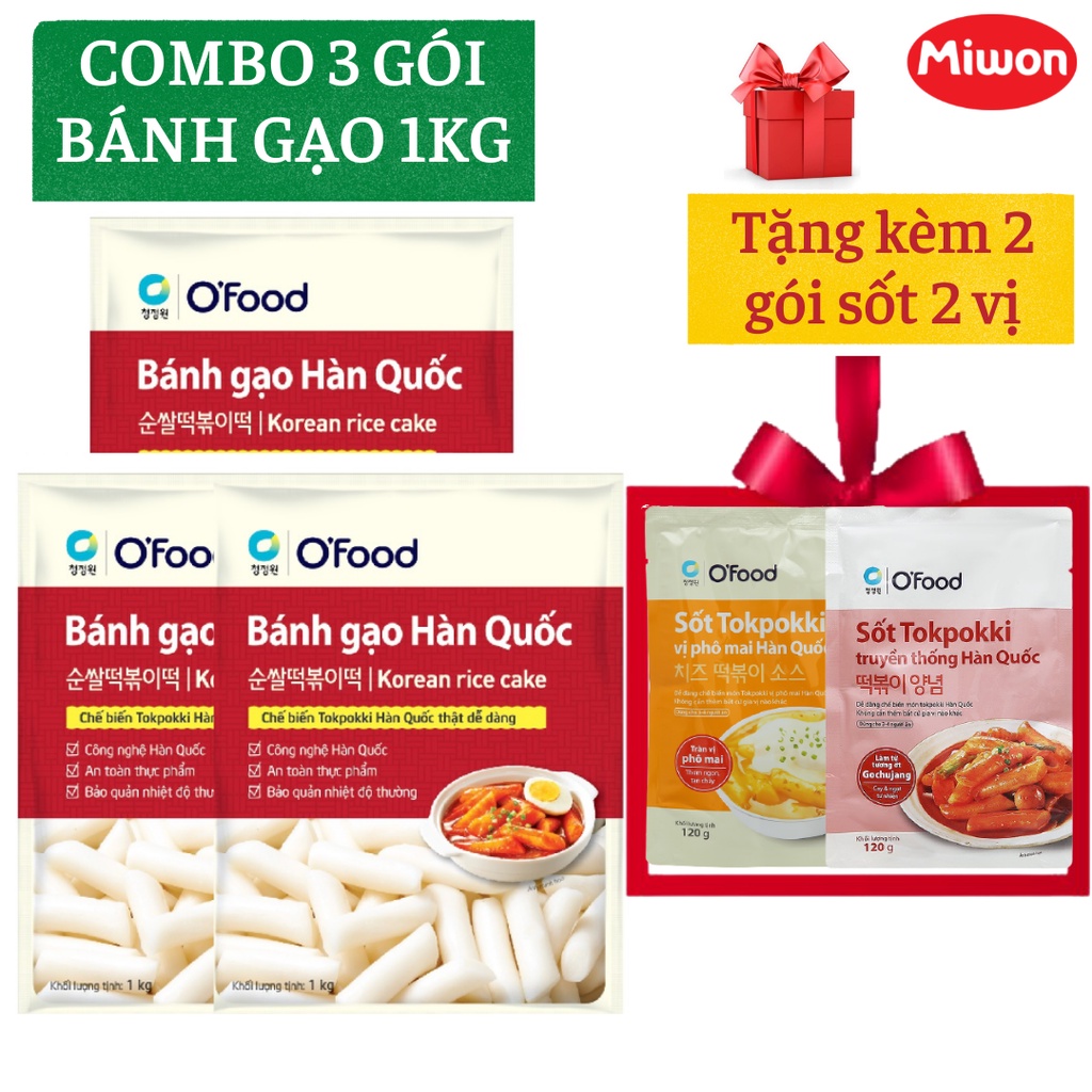 COMBO 3 gói bánh gạo Tokbokki Hàn Quốc 1KG, tặng kèm 1 gói sốt vị cay và 1 sốt phô mai 120G