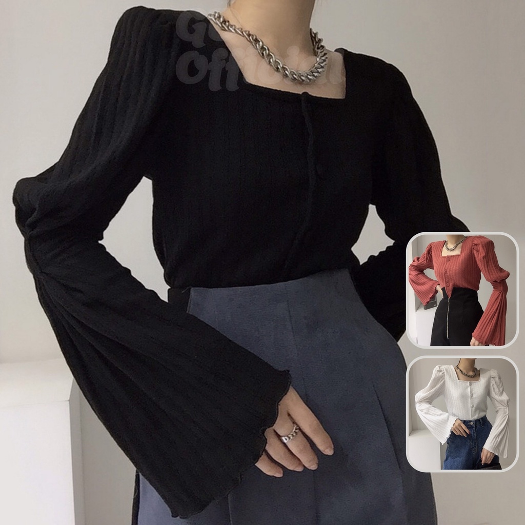 A75|Áo len nữ cardigan cổ vuông mỏng, tay phồng dài xếp ly đính nút sang trọng, màu trắng, đen, hồng GD Official