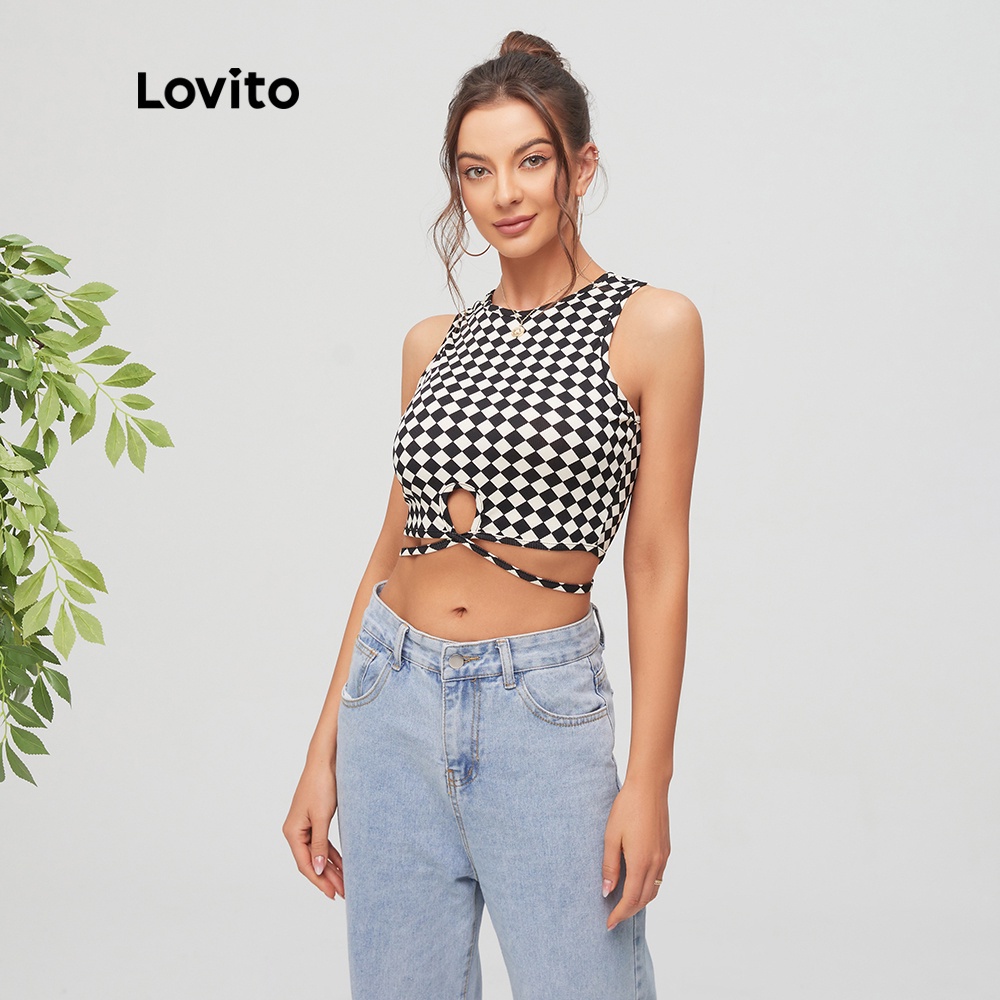 Lovito Áo tank top cổ tròn cắt chéo họa tiết kẻ sọc màu đen thời trang cho nữ L11D03
 | BigBuy360 - bigbuy360.vn