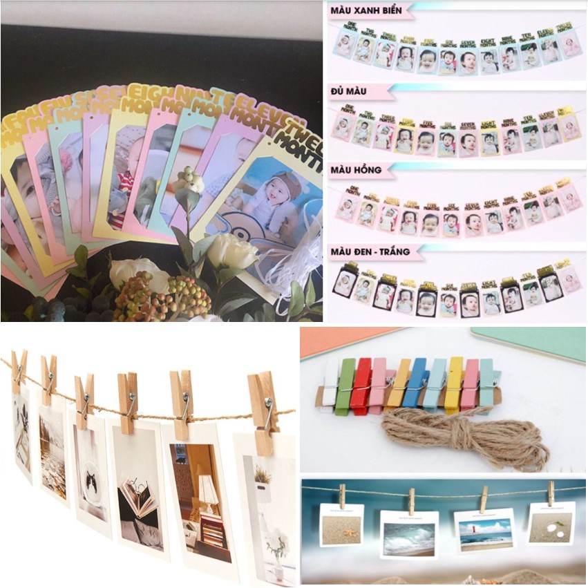 Bộ 12 khung hình ép kim ảnh 12 tháng trang trí sinh nhật, Bộ Kẹp Khung Hình Tặng Dây Treo Khung Hình Happy Birthday