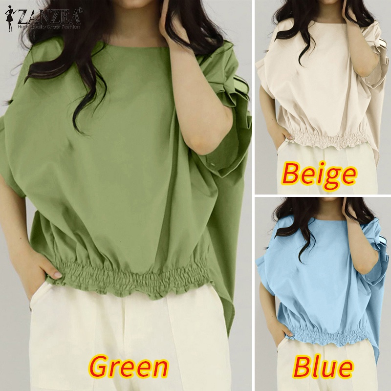 Áo thun ZANZEA tay ngắn cổ tròn màu trơn đơn giản thời trang Hàn Quốc cho nữ