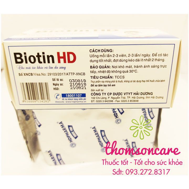 Viên uống bổ sung Biotin Vitamin H giúp ngăn ngừa rụng tóc, hói đầu, giảm lão hóa - Biotin HD - Hộp 100 viên | Thế Giới Skin Care