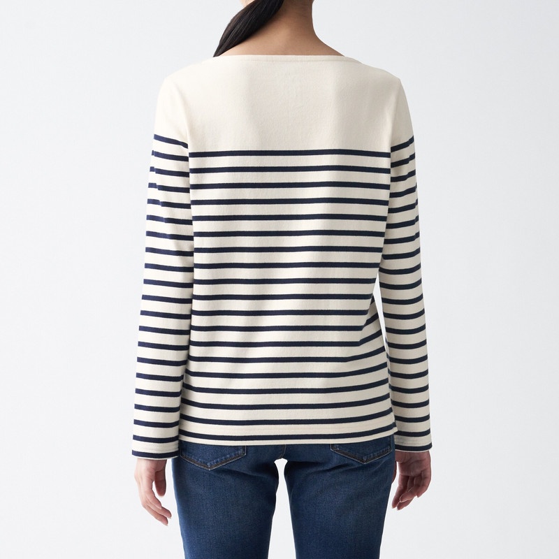 Muji Áo Thun Vải Jersey Sợi Dày Dài Tay-Sọc