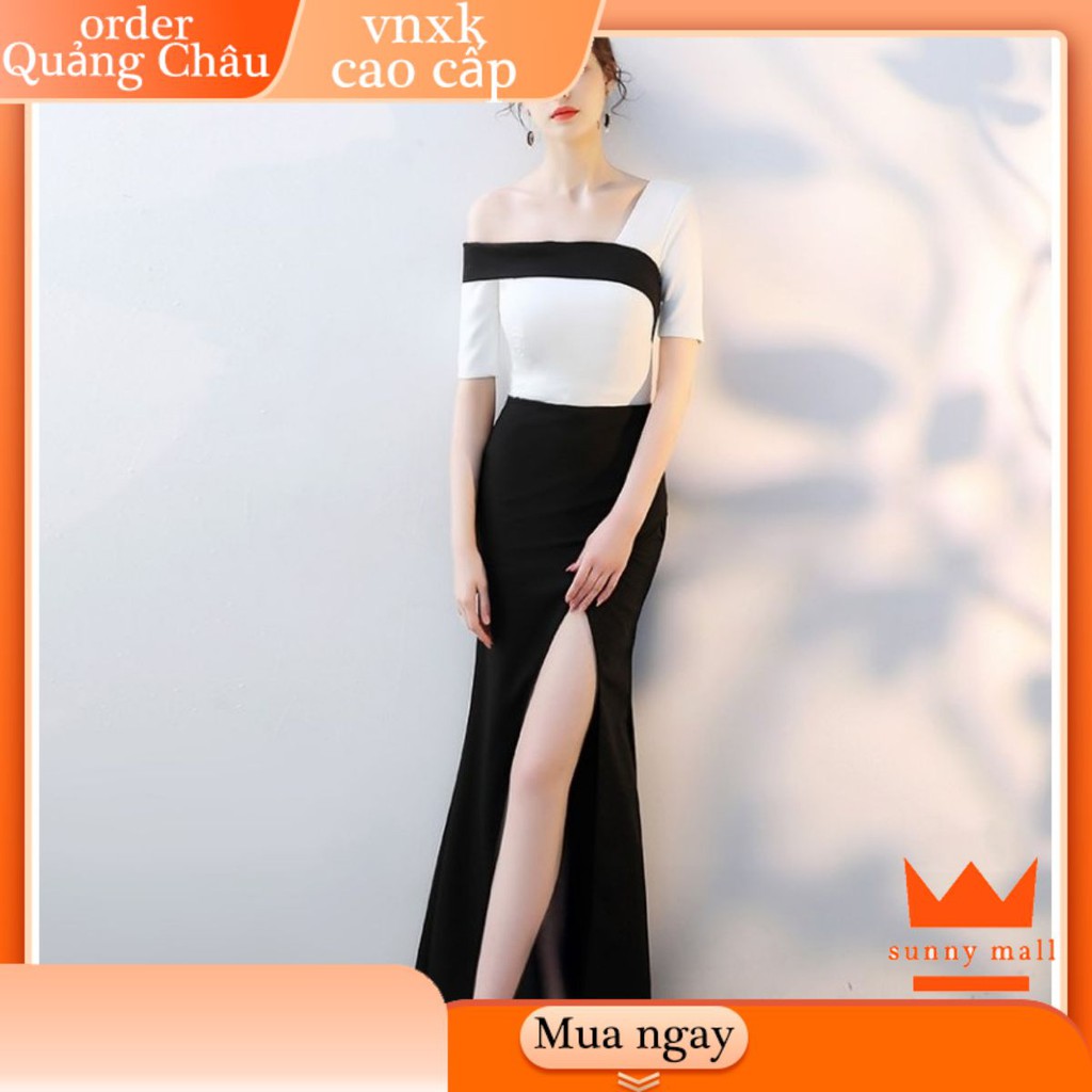 Đầm dự tiệc dạ hội xẻ đùi cổ vuông màu trắng đen bigsize gợi cảm đẹp