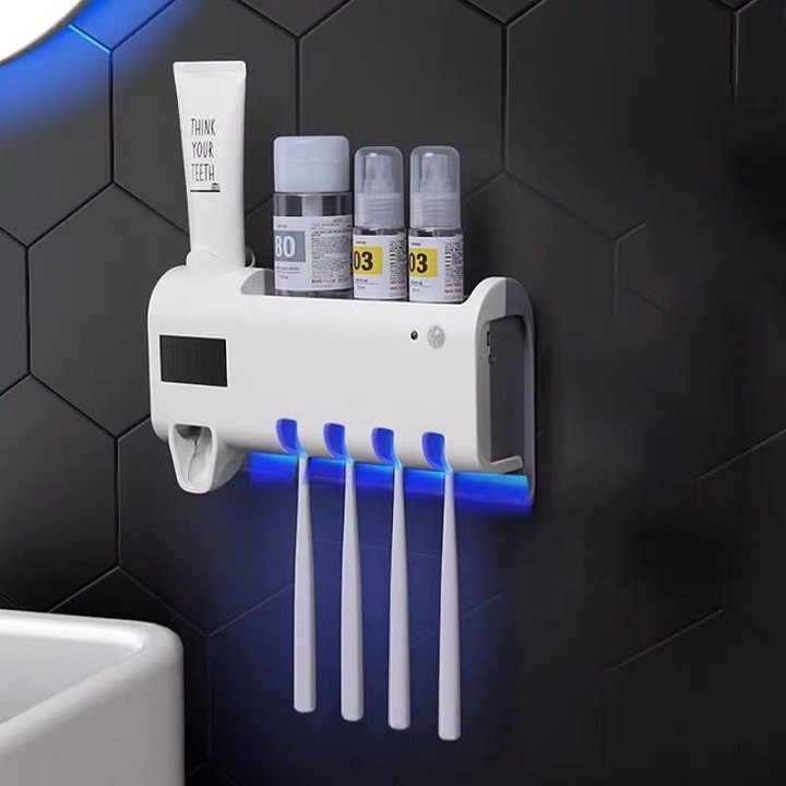 Kệ Đựng Bàn Chải Tự Động Lấy Kem Đánh Răng + (2 Cốc Nam Châm) Cao Cấp - (Loại Có UV Diệt Khuẩn)