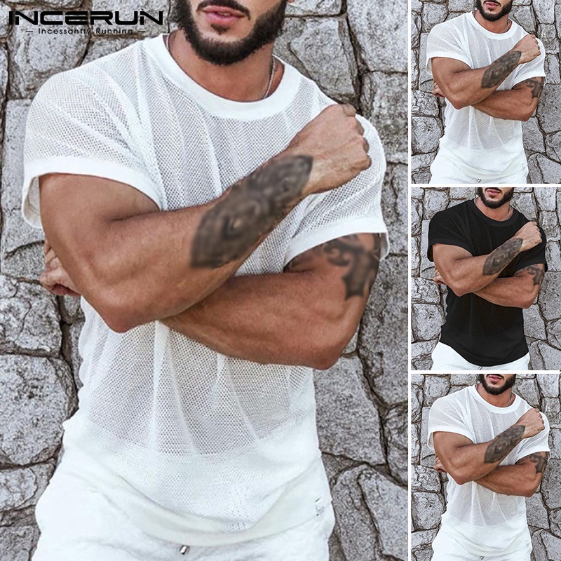 Áo thun INCERUN vải lưới mỏng xuyên thấu ngắn tay cổ tròn thời trang mùa hè thoải mái cho nam