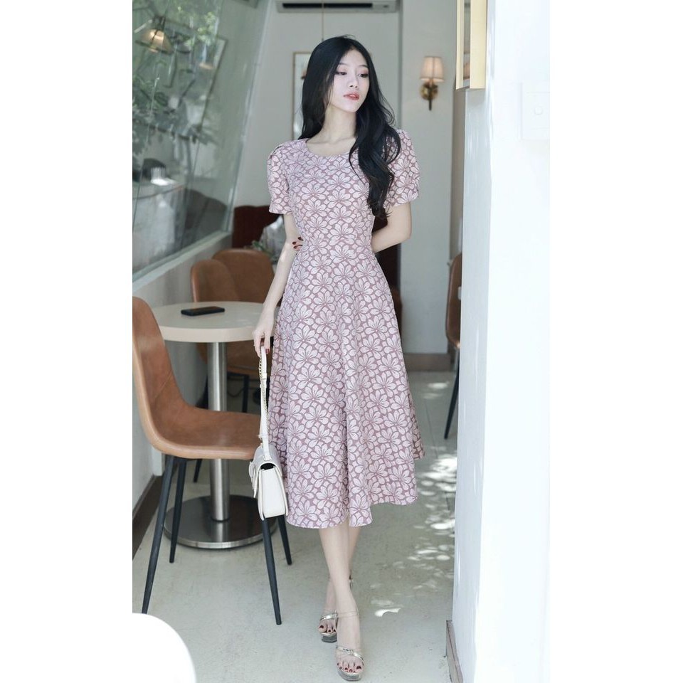 HÀNG TK - ĐẦM XÒE GẤM HOA TÍM MIDI VINTAGE - MD223