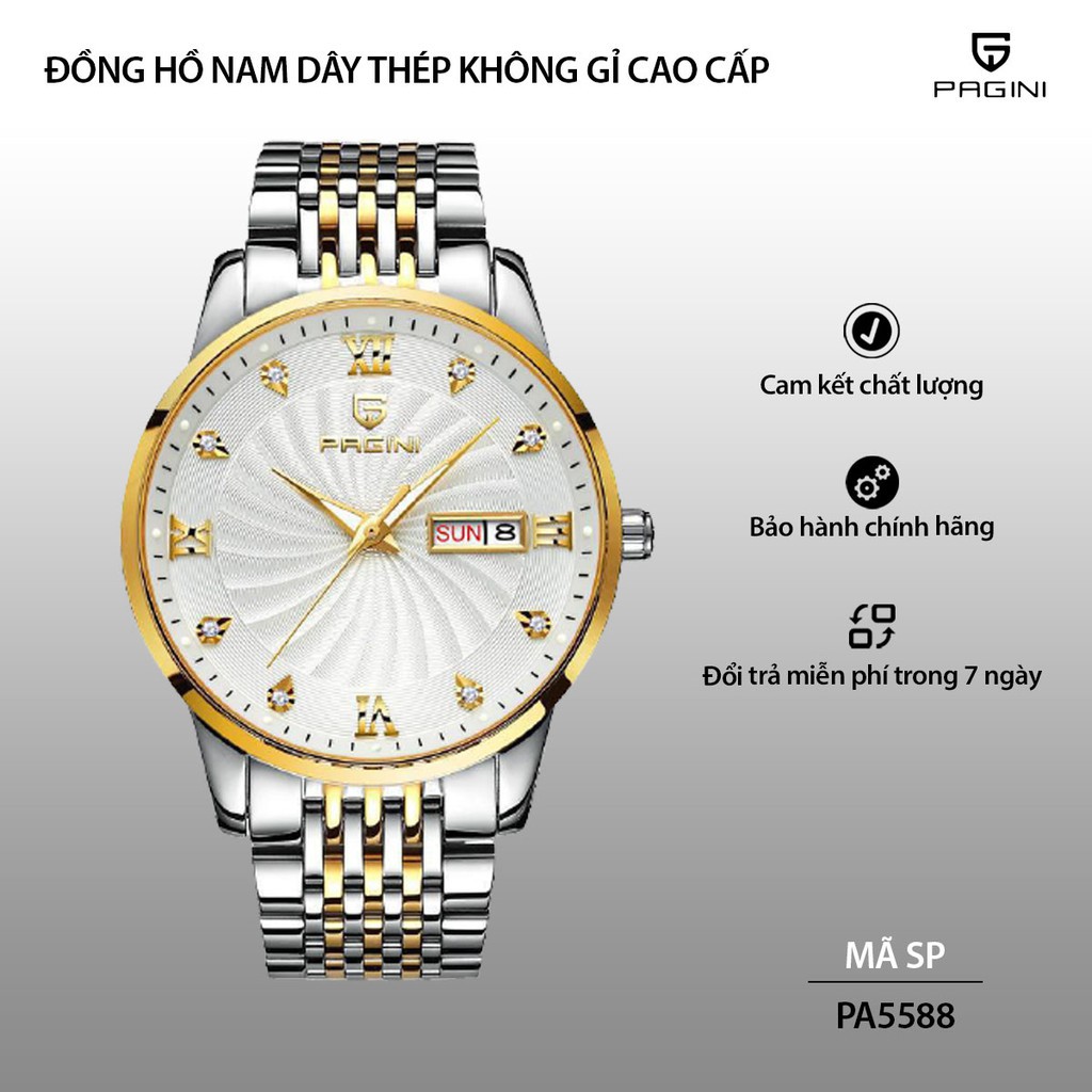 Đồng Hồ Nam PAGINI PA5588 Dây Thép Không Gỉ Cao Cấp Mặt Đính Đá -Kim Dạ Quang- Hiển Thị Ngày Tháng - Bảo Hành 12 Tháng