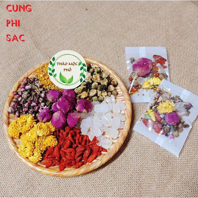 TRÀ CUNG PHI SẮC-TRÀ DƯỠNG NHAN TRẮNG DA GIẢM NÁM (Hoa Mẫu đơn,Hoa Đào,Cúc vàng,Hoa quế, Sen tuyết,Kỳ tử)