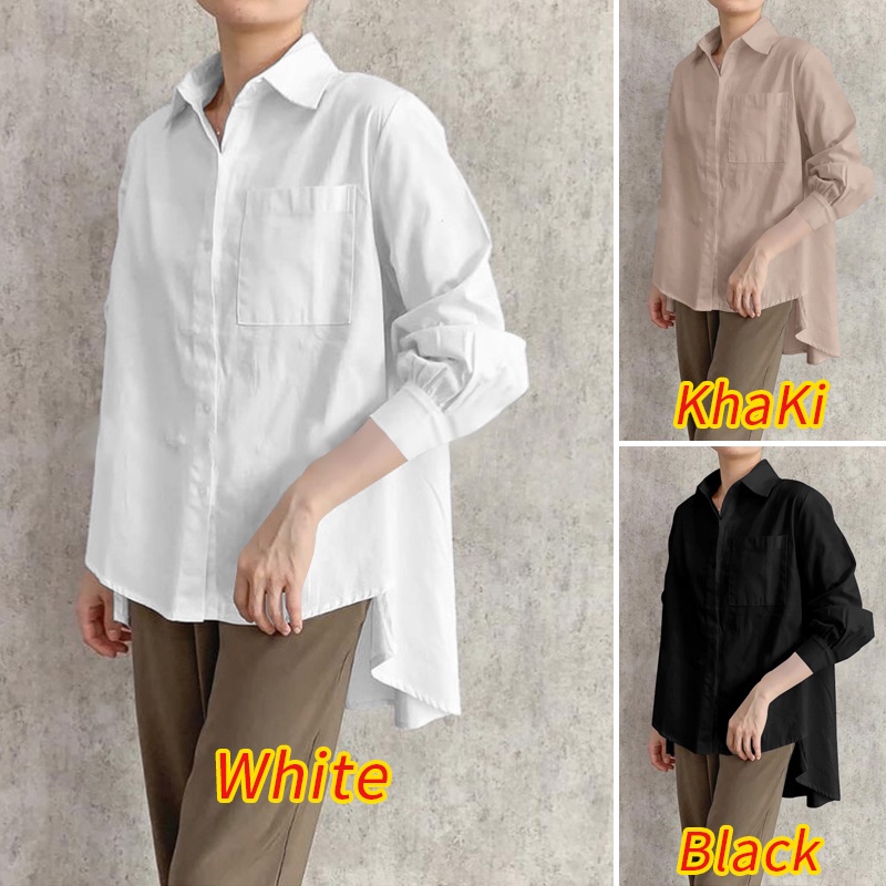 Áo ZANZEA dáng rộng cổ bẻ màu trơn gài nút phía trước dễ phối đồ mặc hằng ngày cho nữ