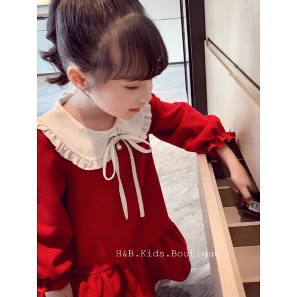 Váy nhung dài tay màu đỏ xinh xắn cho bé gái 10-25 kg