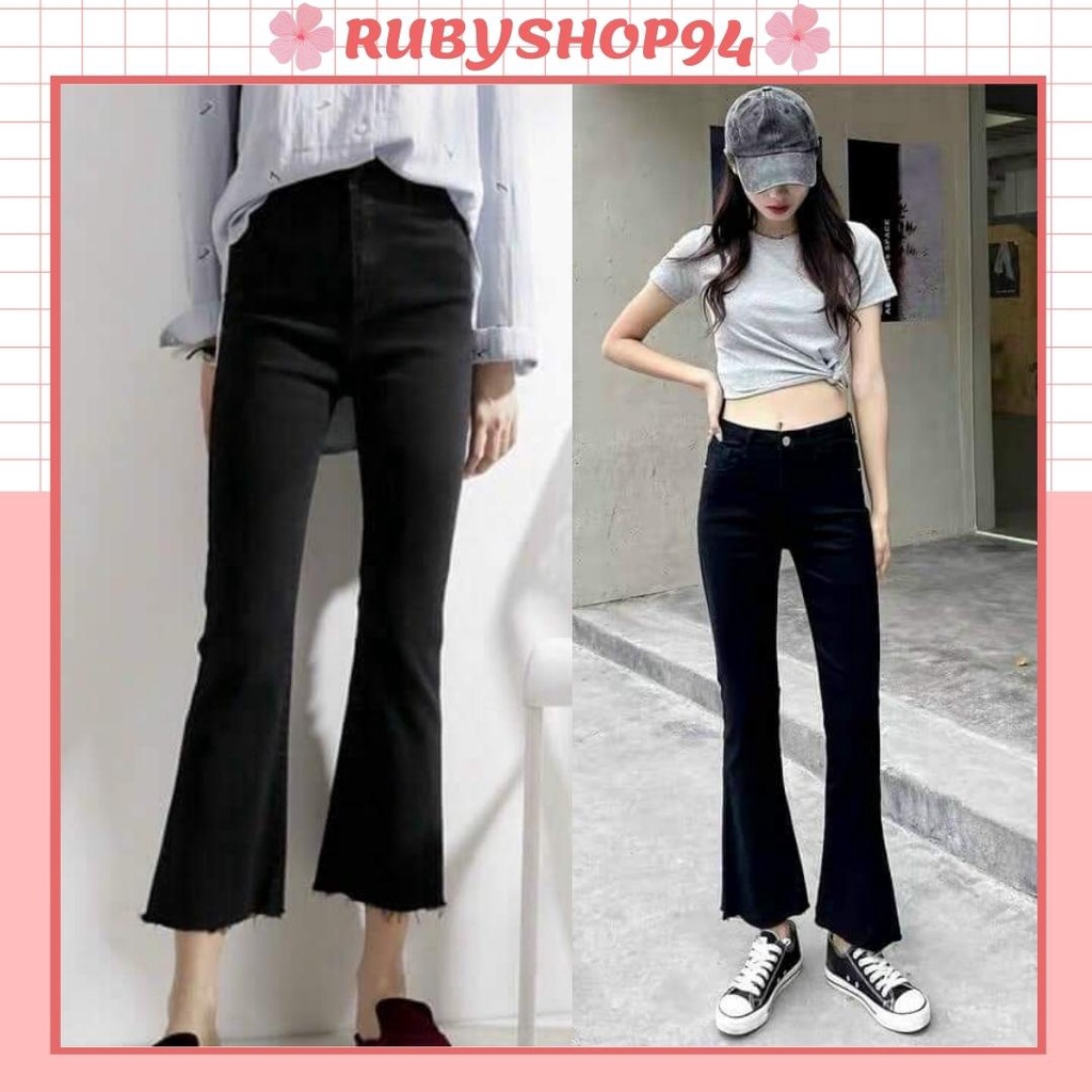 Quần jean nữ ống loe màu đen đẹp, Quần bò ống loe cạp cao loại 1
