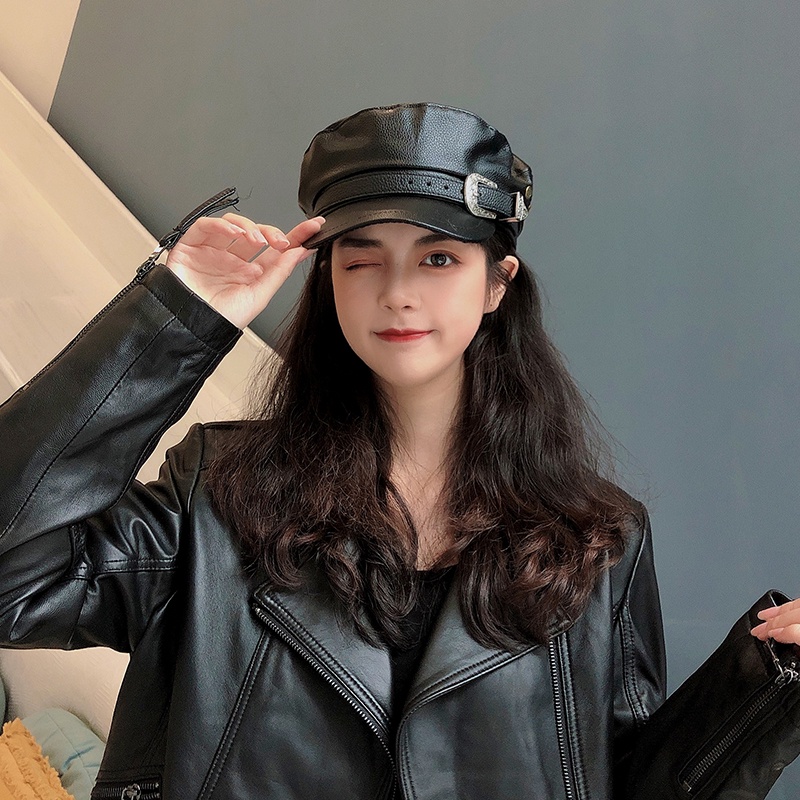 Mũ Beret Da pu Màu Đen Phong Cách Anh Quốc Thời Trang Thu Đông