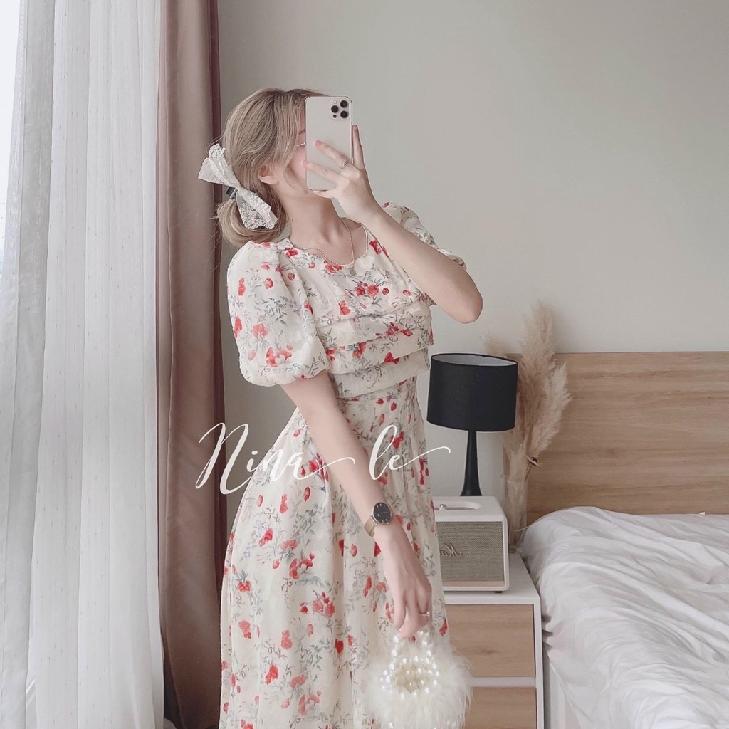 Đầm váy nữ voan hoa maxi chất vải chingfon 2 lớp thiết kế cổ tròn tay phồng tiểu thư